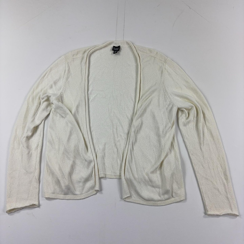 Eileen Fisher Cardigan Sweater Womens L White Nylon Cotton Open Lightweight Knit